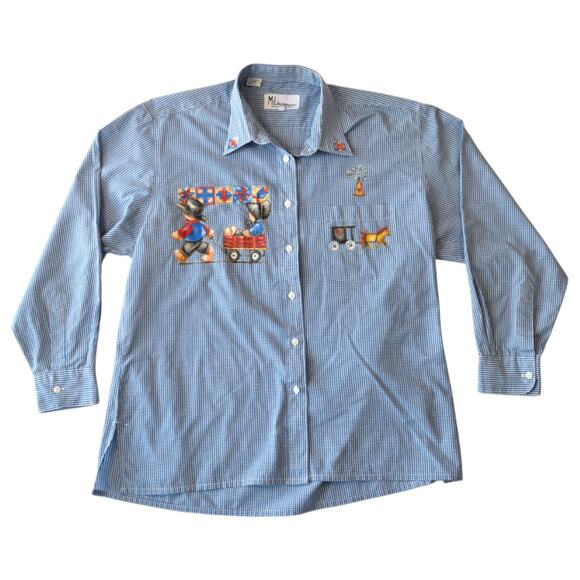 Vintage Tops - Vintage Gingham Shirt with Amish Folk Art Wagon & Quilt Block Prints